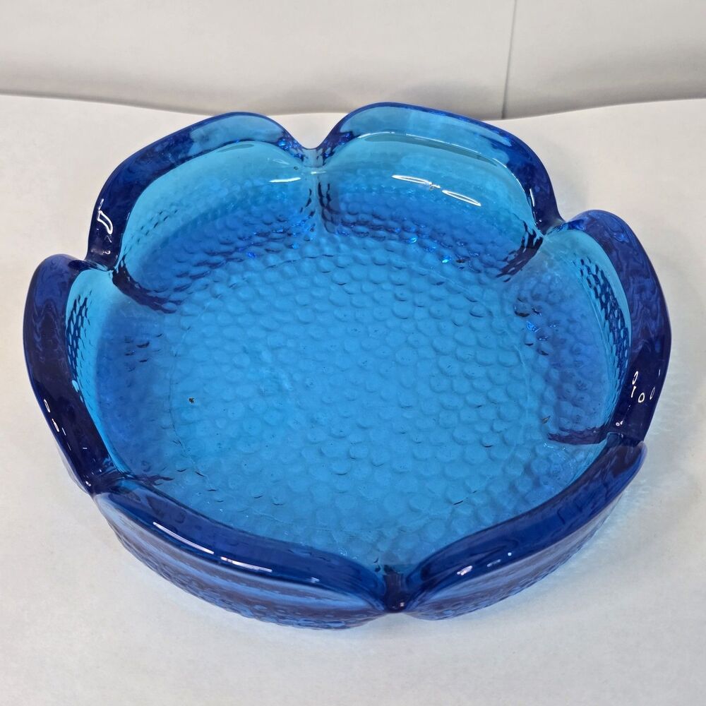 Anchor Hocking Ashtray Sapphire Blue Lotus Flower Pebbled Glass 6”  Trinket Tray
